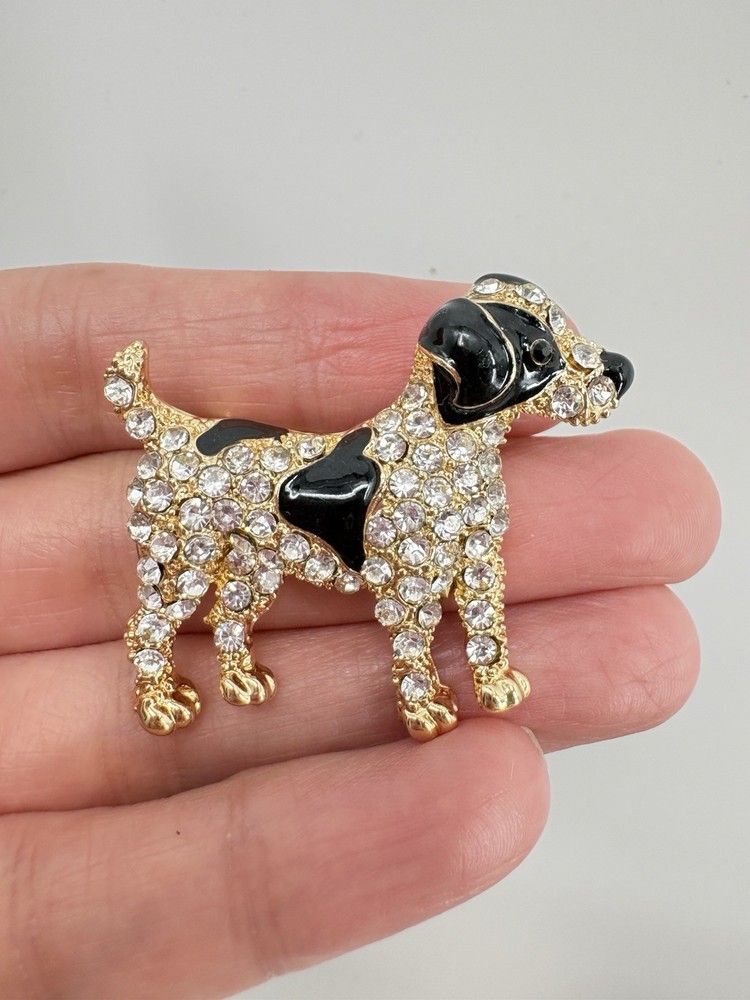 Gold Tone Puppy Dog Brooch Rhinestone Black Enamel Pet Animal Jewelry Pin