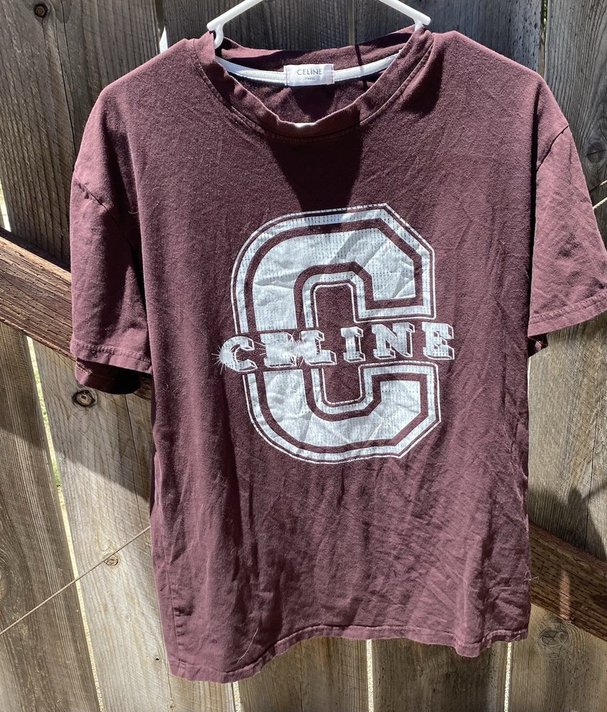 CELINE Men's Burgundy Logo Graphic Print Crew Neck Short Sleeve T-Shirt