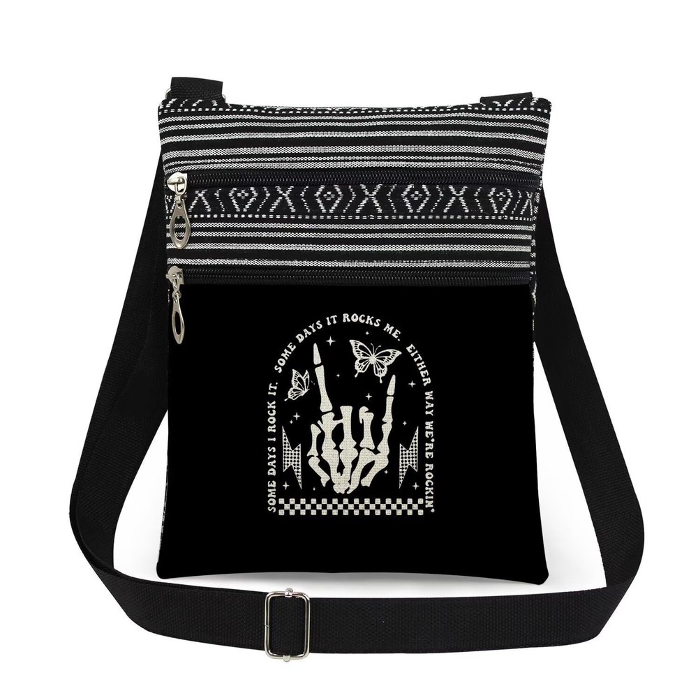 Skeleton Rock Hand Print Crossbody Bag Adjustable Unisex Shoulder Bag with...