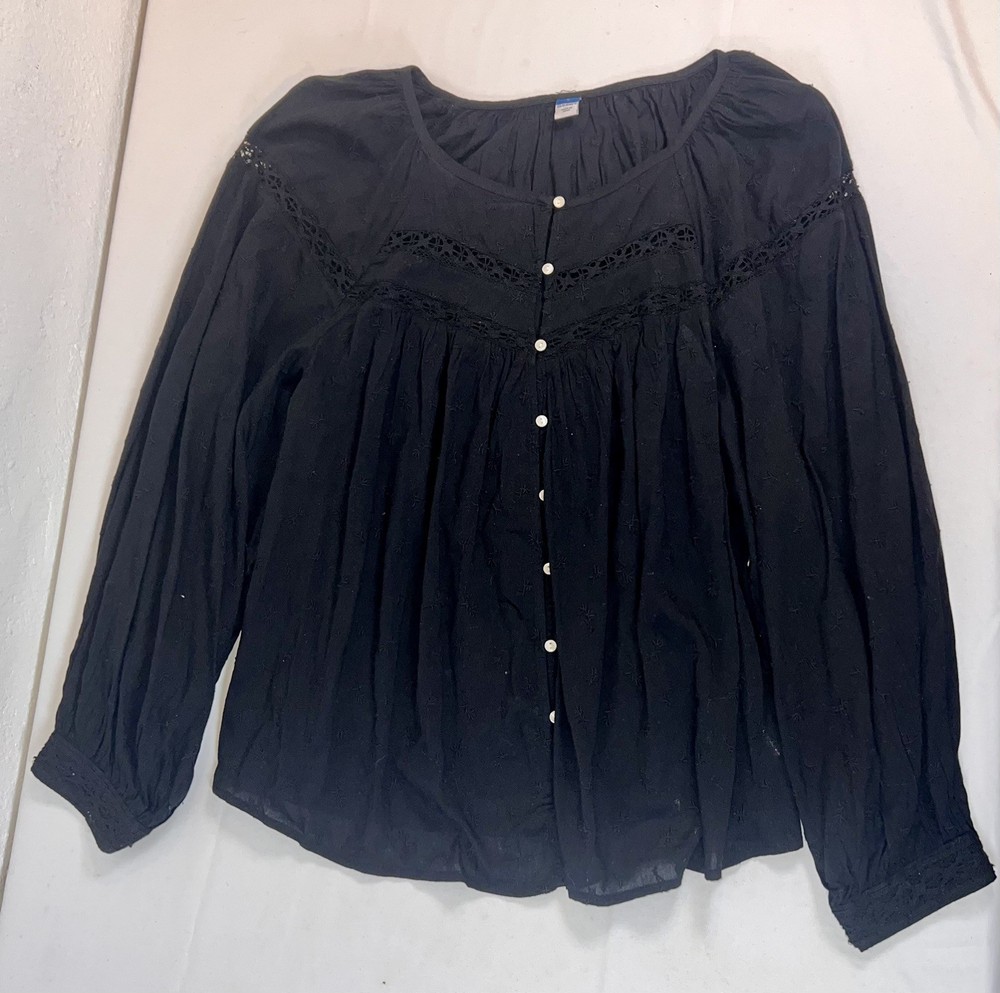 Old Navy Black Lace Button Front Tunic Blouse Long Sleeve Women's Size L