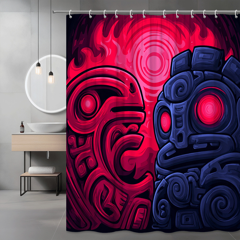 Abstract Tribal Face Shower Curtain Red Blue Graphic