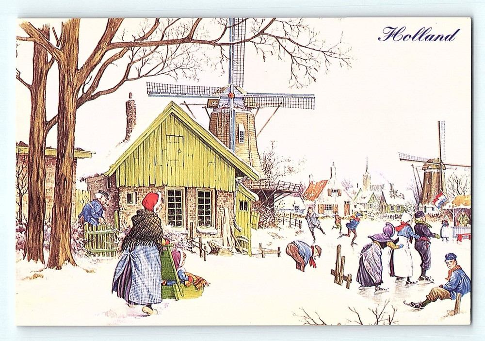 Dutch Ice Skating in Country Windmills Holland Netherlands 4X6 Postcard F4