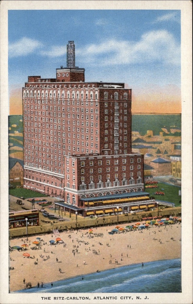 Atlantic City New Jersey Ritz Carlton Hotel beach aerial unused 1930s postcard