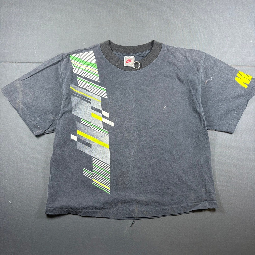 Vintage 90s Nike Single Stitch Abstract Geometric Graphic Crop T-Shirt Black L-image