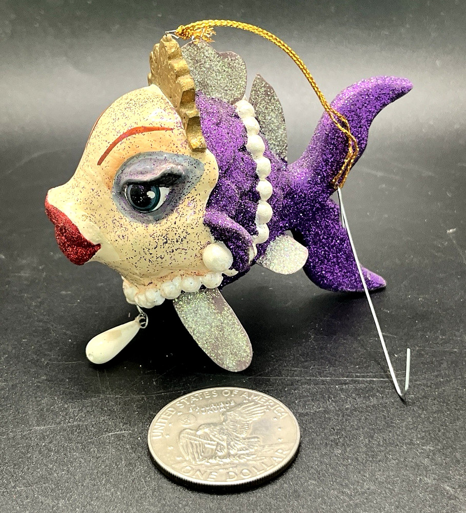 Vintage Katherine's Collection Kissing Fish Christmas Ornament Glitter Purple