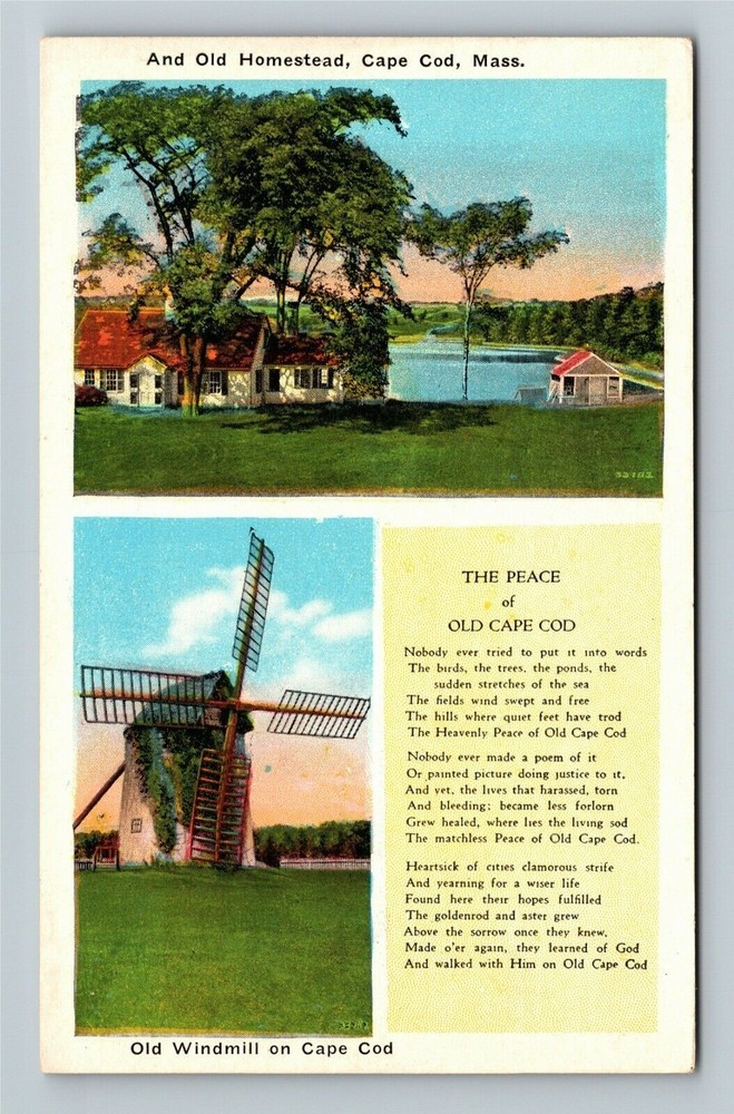Cape Cod MA-Massachusetts, Old Windmill, Old Homestead Vintage Souvenir Postcard