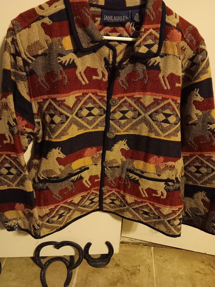 VTG 90's Jane Ashley Women Tapestry Jacket Size PM Southwestern Horses Geometric