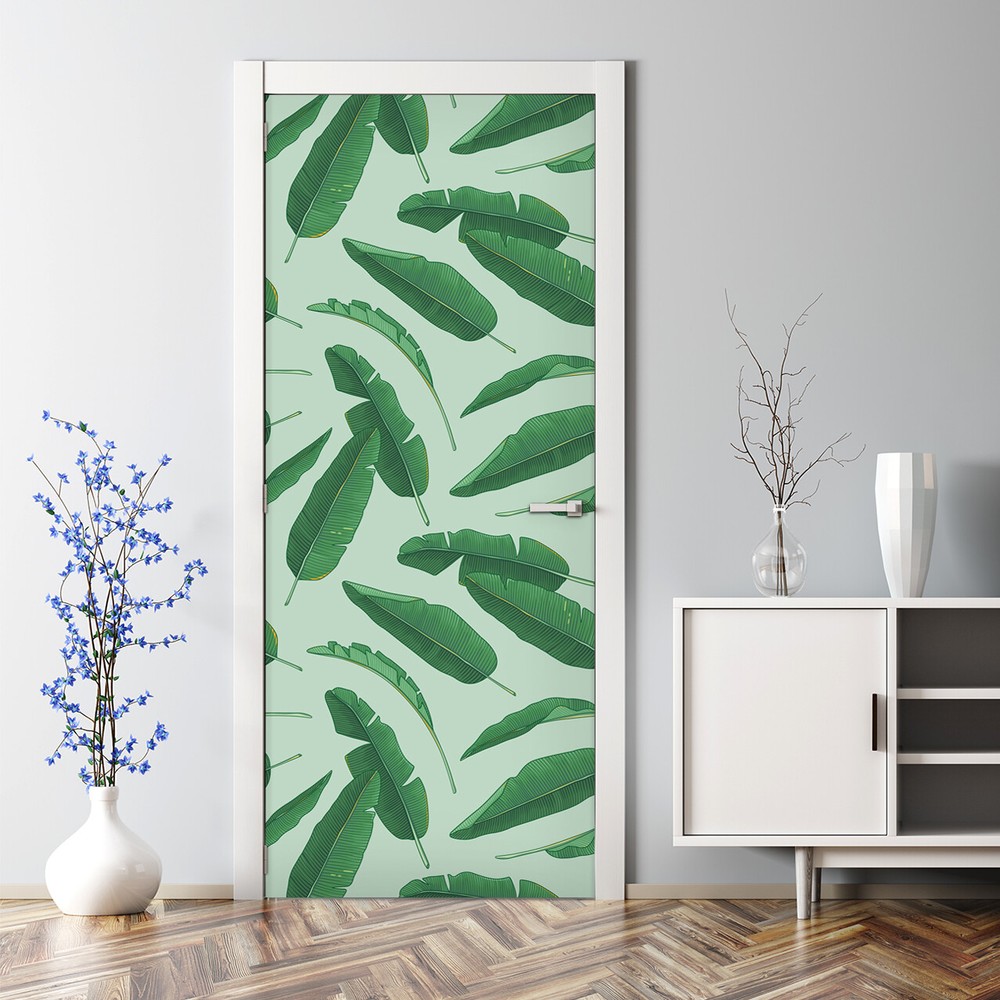 Banana leaf bubble-free peel and stick white door mural sticker