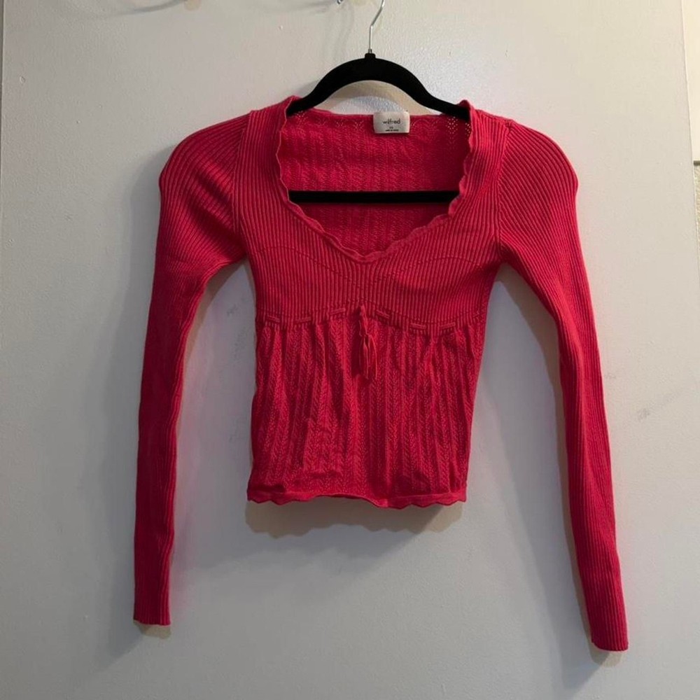 Aritzia Wilfred Ribbed Knit Long Sleeve Top 💕 Hot Pink Babydoll Tie Front