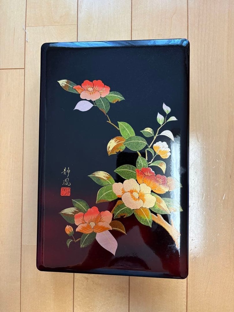 Aizu Lacquerware Text Box with Stationery, Floral Design, Black & Red