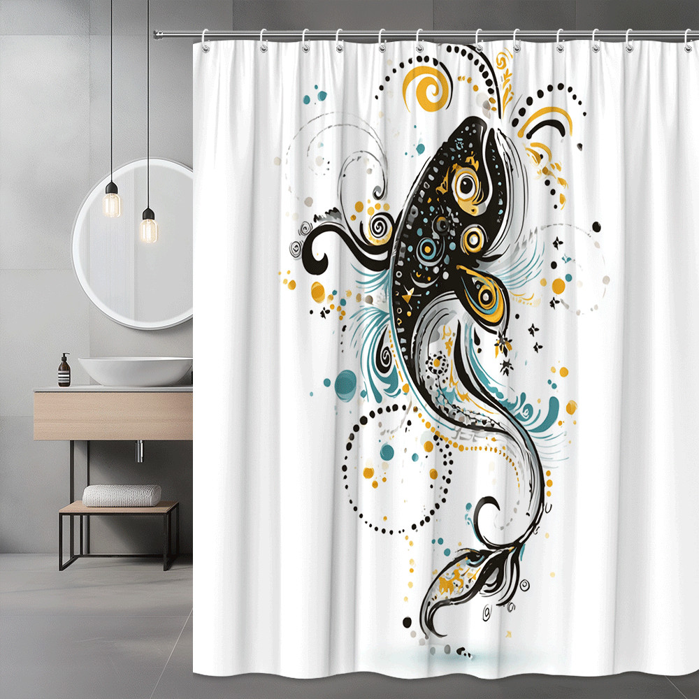 Abstract Fish Shower Curtain Black Gold Teal Swirl Print
