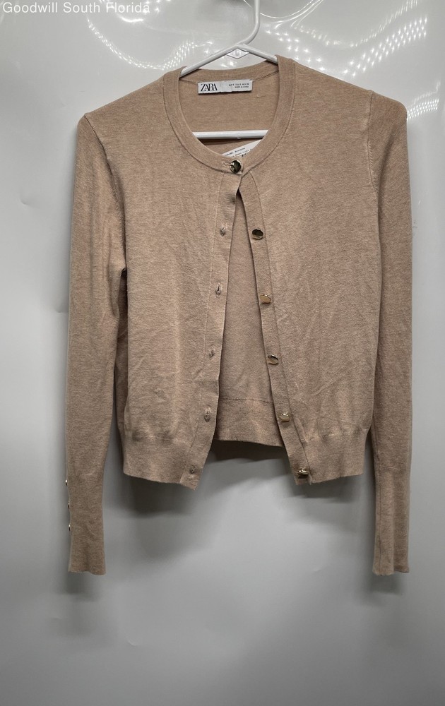 Zara Womens Light Brown Knitted Long Sleeve Button-Front Cardigan Sweater Size S