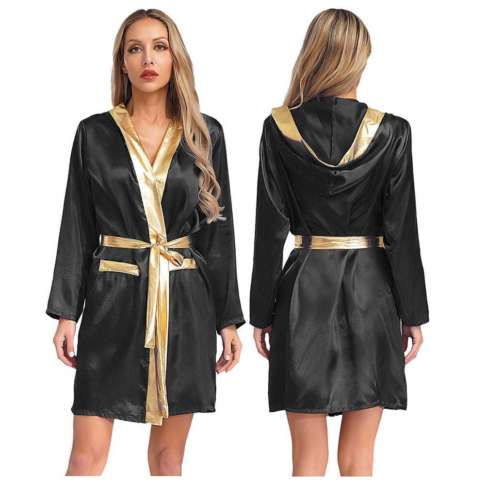 Womens Boxing Robe Satiny Open Front Hooded Robe with Waist Belt Halloween
