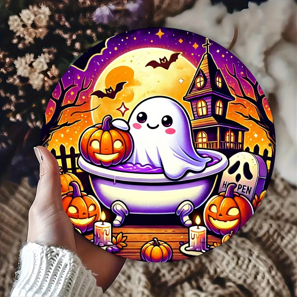 Vintage Halloween Metal Sign with Ghosts Pumpkins Bats