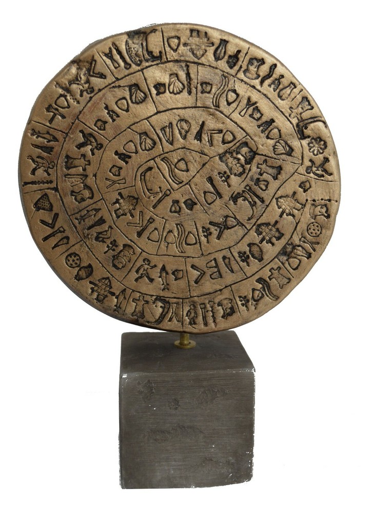 Phaistos Disc sculpture museum replica with bronze effect