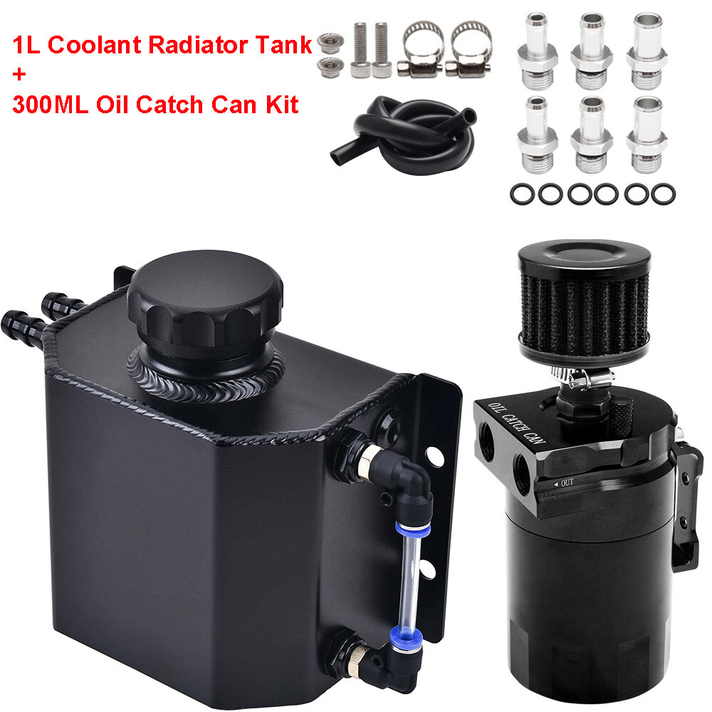 1L Coolant Radiator Overflow Tank +300ml Baffled Oil Catch Can w/Breather Filter