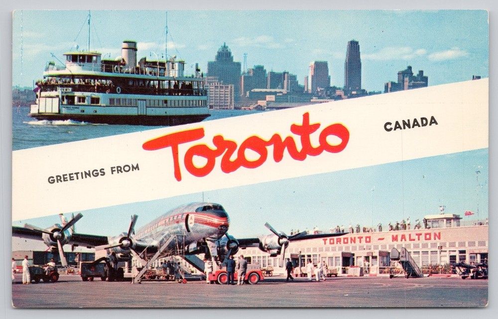 Vintage Toronto Postcard Malton Airport Skyline Ferry Plastichrome Canada