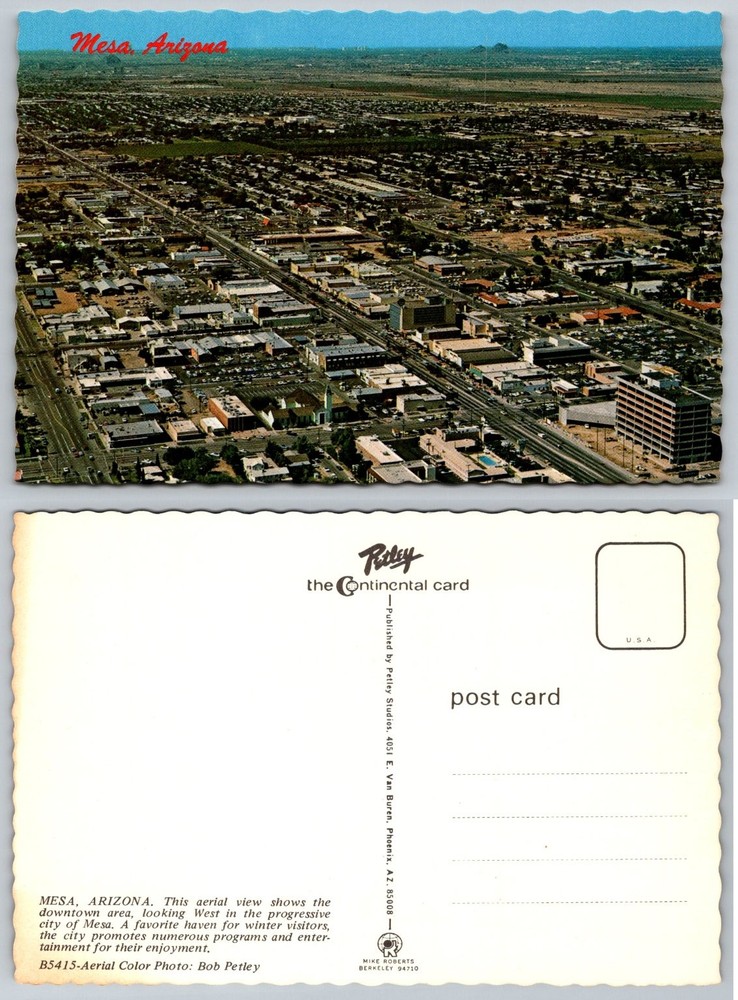 Vintage Mesa Arizona Aerial View Postcard Downtown Petley Continental Card