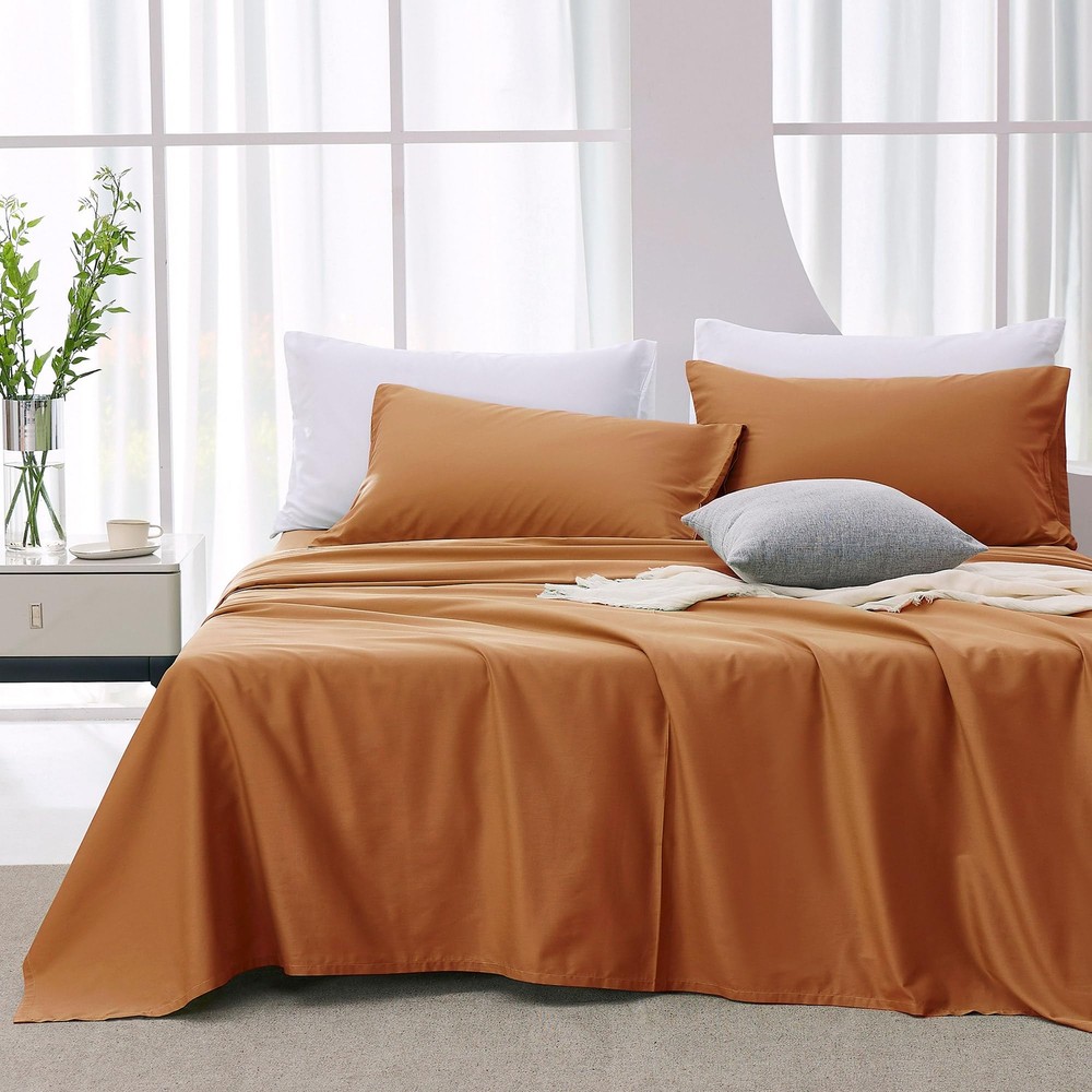 Lyocell Cotton Sheet Set Queen Size - 4 Pieces Ultra Soft Rust Bed Sheets, Br...