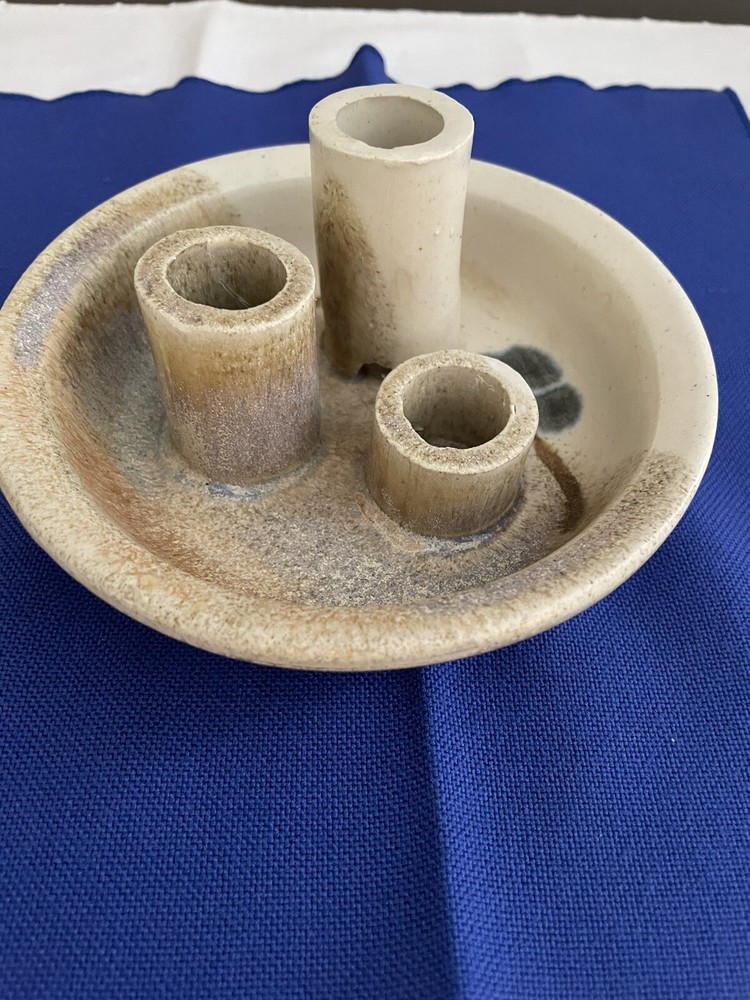 Stegall Pottery Ikebana  Flower Frog Bowl - Ivory Blue Brown Signed