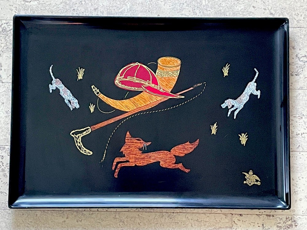 Vintage Mid-Century Modern Couroc of Monterey Black Bar Tray With Hunt Scene