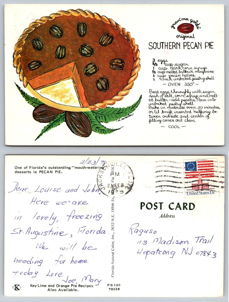 Vintage 1979 Southern Pecan Pie Recipe Postcard - Florida Natural Color