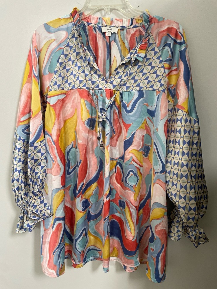 Entro Multicolor Abstract V-Neck Balloon Sleeve Women's 2X Tunic Blouse