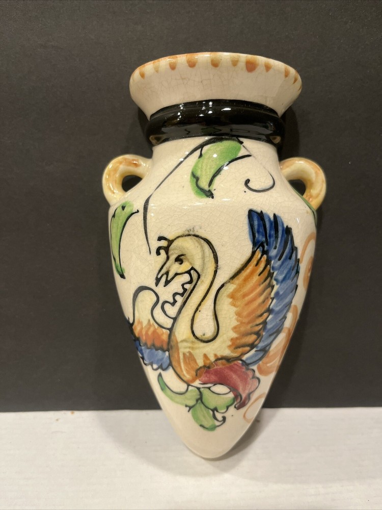 Vintage 1940s Floral Bird Wall Pocket Vase 7.25