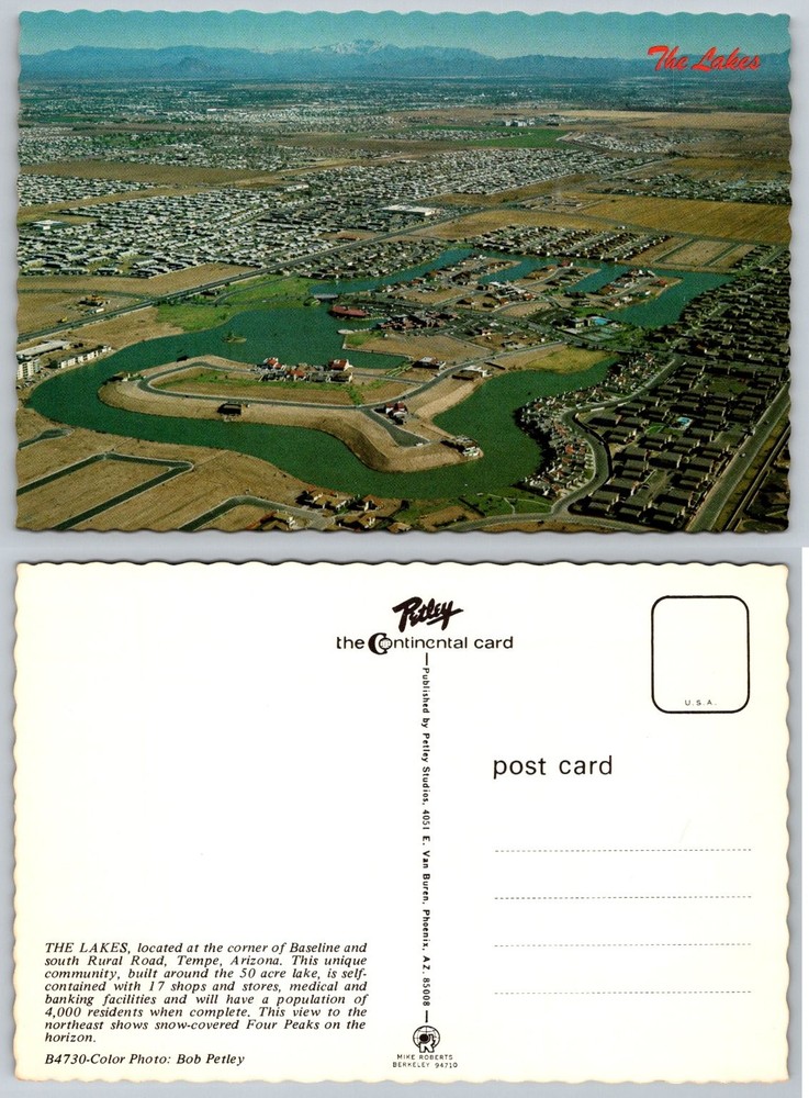 Vintage Petley Postcard THE LAKES Tempe Arizona Aerial View Four Peaks
