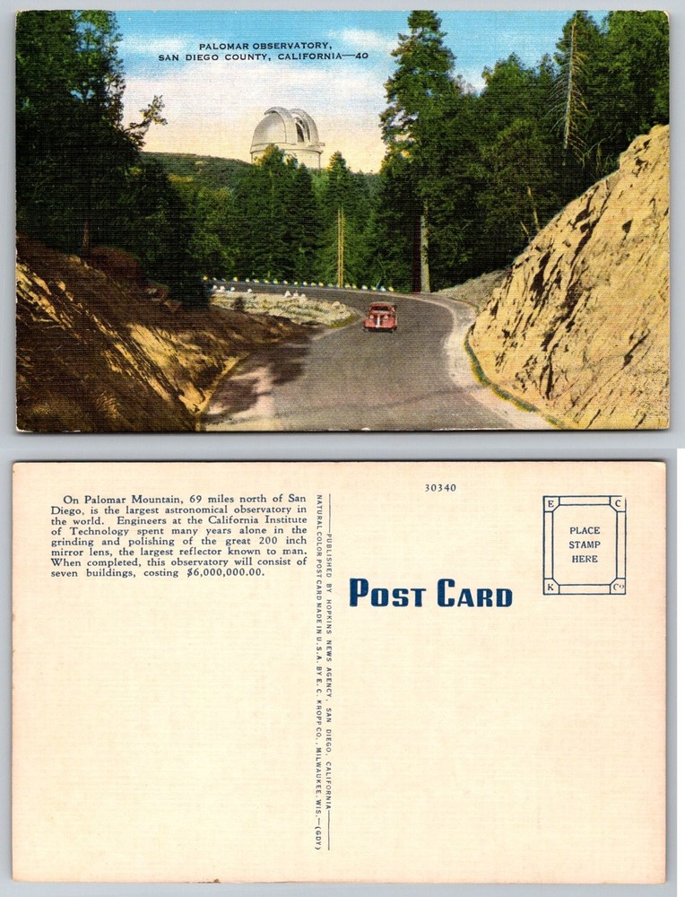 Palomar Observatory California Linen Postcard Vintage 200-inch Telescope