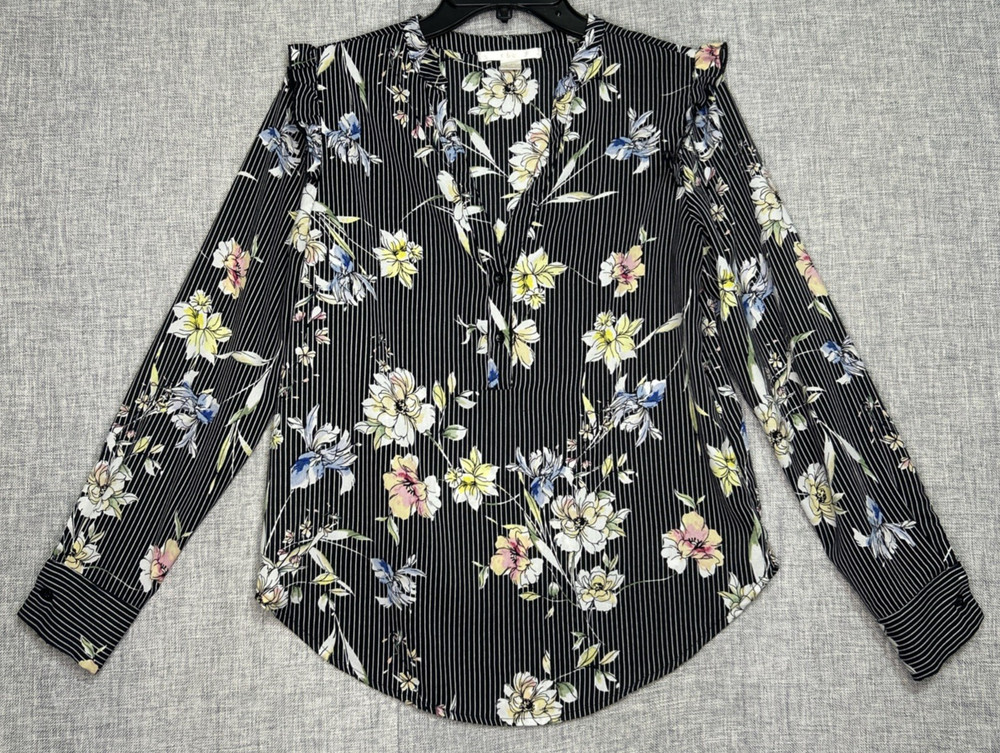 C&E Women's Long Sleeve Black Pinstripe Floral Sheer Ruffle Career Blouse Top XS