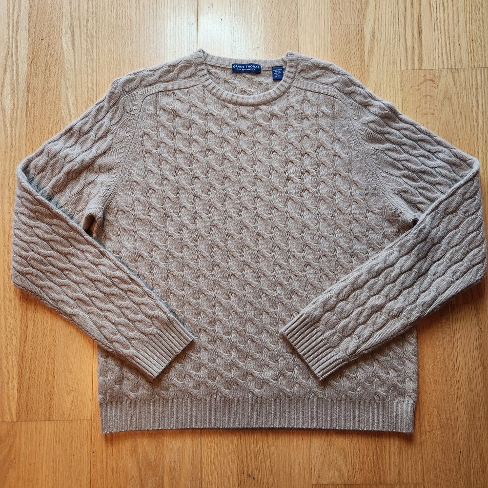 GRANT THOMAS 2 Ply Cashmere Pullover Sweater Crew Neck Soft Cable Knit Tan Sz XL