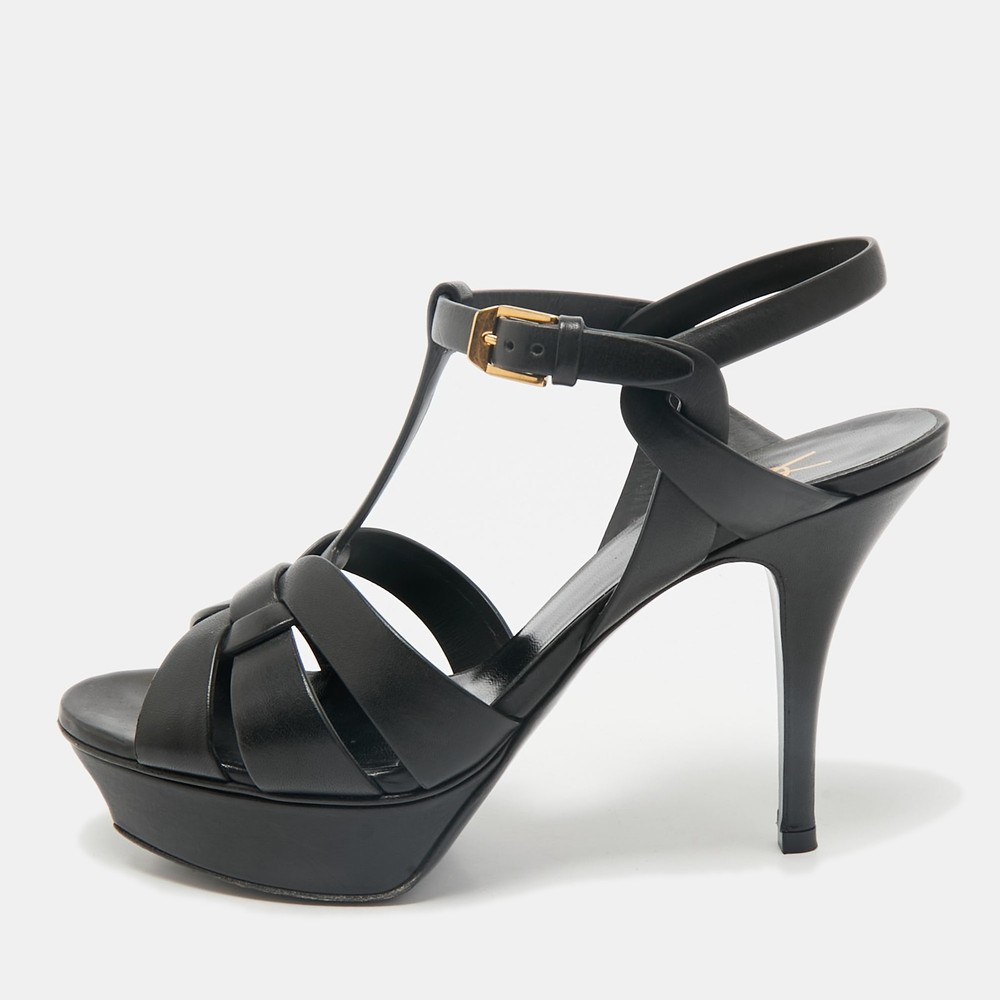 Saint Laurent Black Leather Tribute Platform Sandals EU 37.5