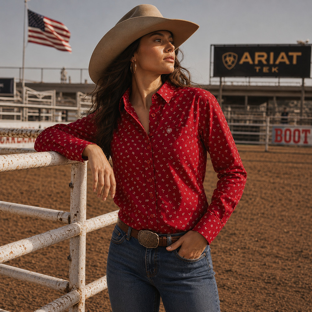 Ariat Womens Fitted Kirby Shirt Sz XL Red Cattle Brand Print Western Rodeo