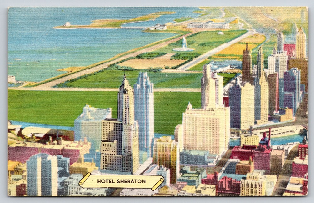 Chicago Illinois~Aerial View Of Hotel Sheraton & Surroundings~Vintage Linen PC