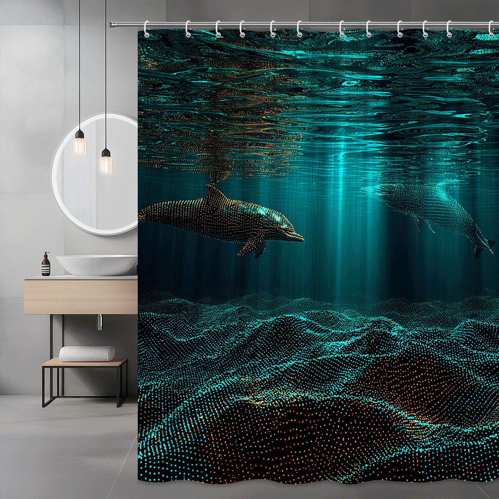 Dolphin Ocean Shower Curtain Blue Teal Underwater Graphic