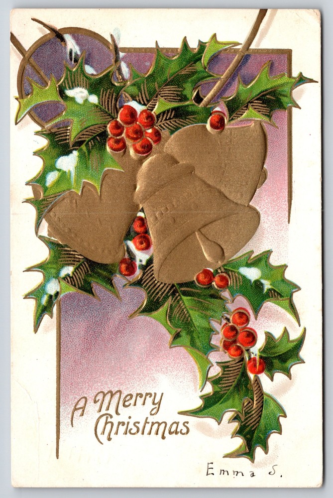 Holiday~Golden Bells Holly & Christmas Greeting~Vintage Postcard