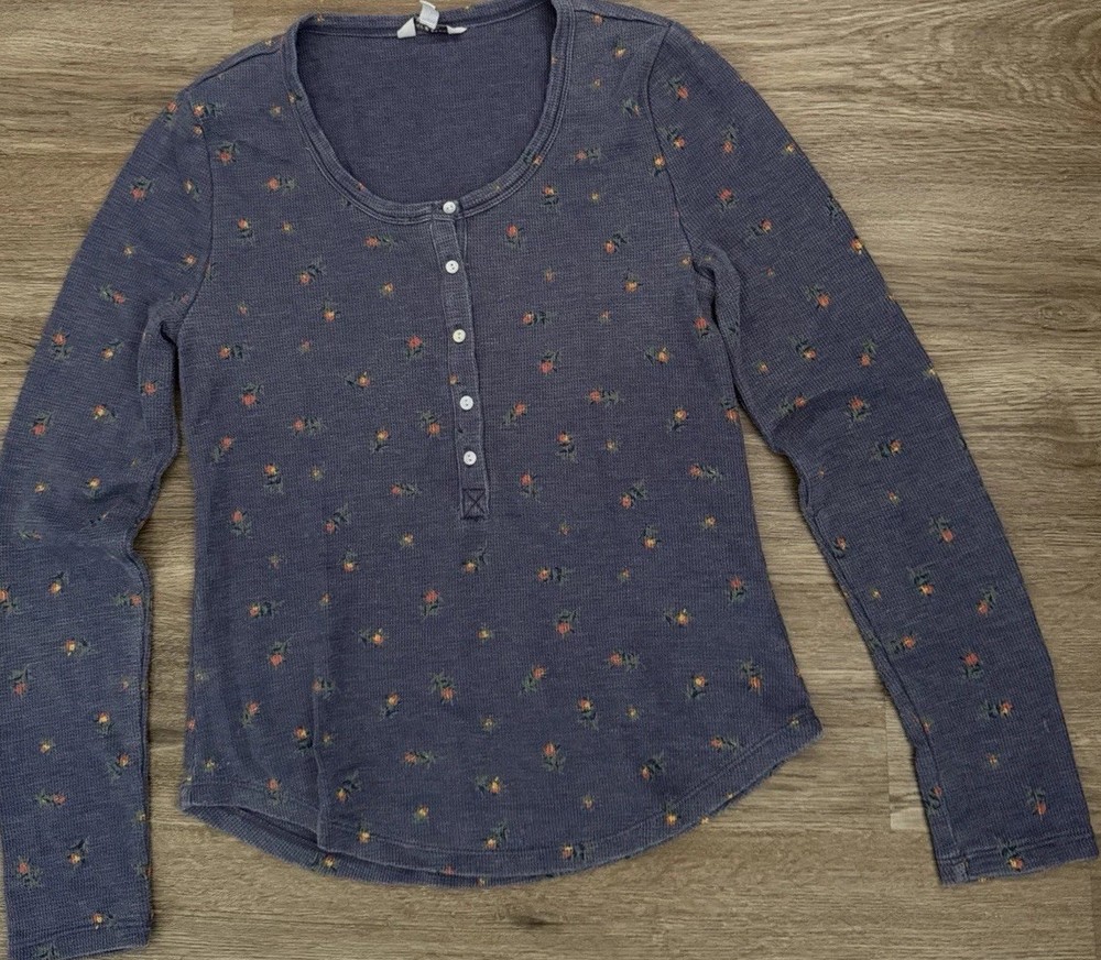 Lucky Brand  Women's Floral Blue Henley Long Sleeve Button Front Top Size S