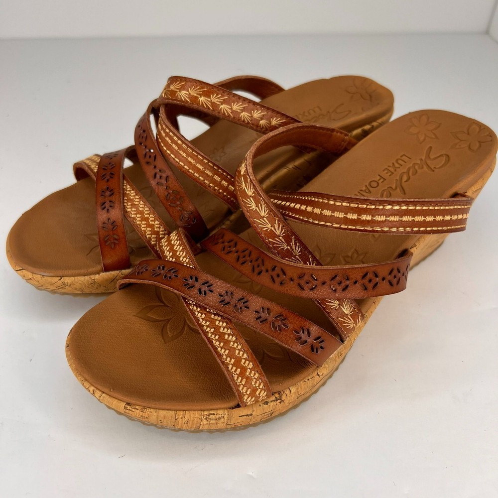 Skechers Womens Beverlee Tiger Wedge Sandals in Tan Luxe Foam Size 7