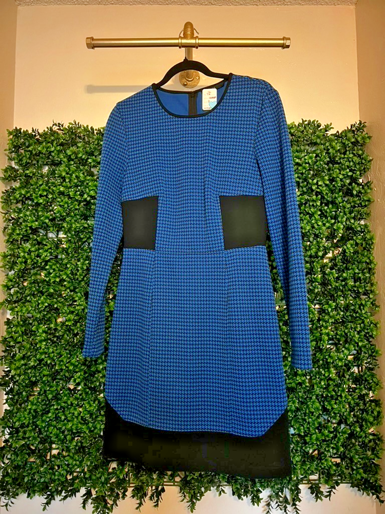 Tibi New York Blue & Black Houndstooth Long Sleeve Mini Dress Women's Size 8