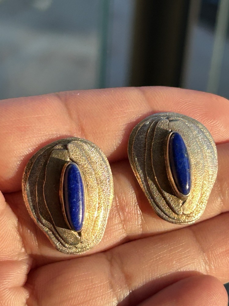 Vintage Modernist Artisan Sterling 925 Earrings With Lapis