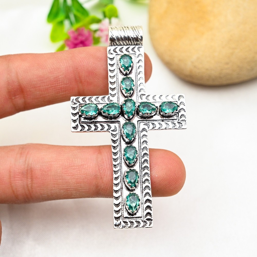 Aquamarine Gemstone Cross Pendant 925 Sterling Silver Handmade Jewelry Love Gift