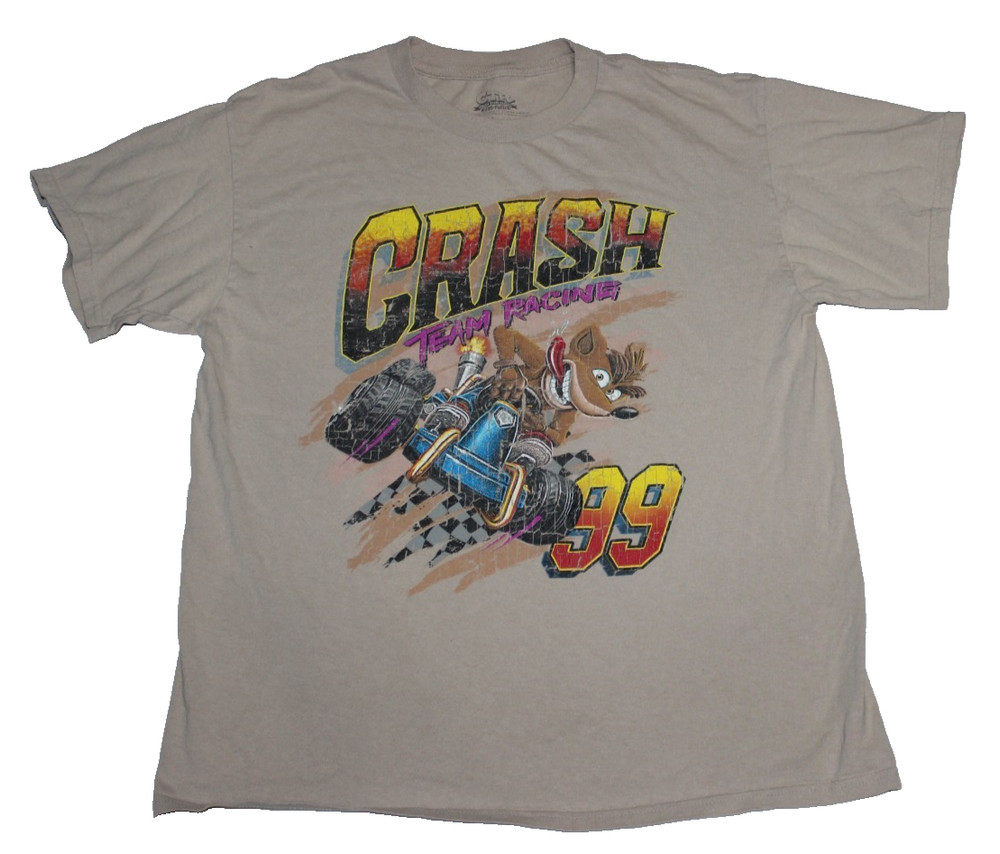Crash Bandicoot Crash Team Racing 99 CTR Men's T-Shirt Size L Tan Short Sleeve
