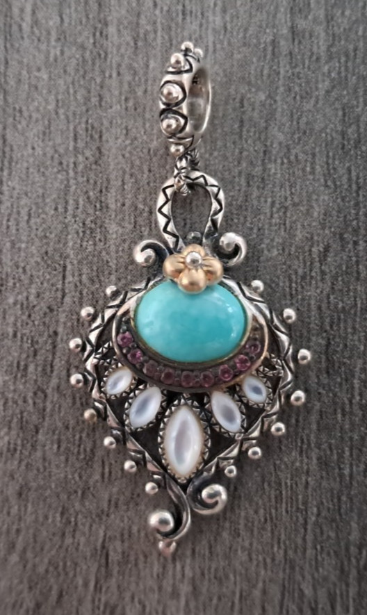 Barbara Bixby Sterling/18K Peacock Feather Turquoise MOP Rhodolite Charm Pendant