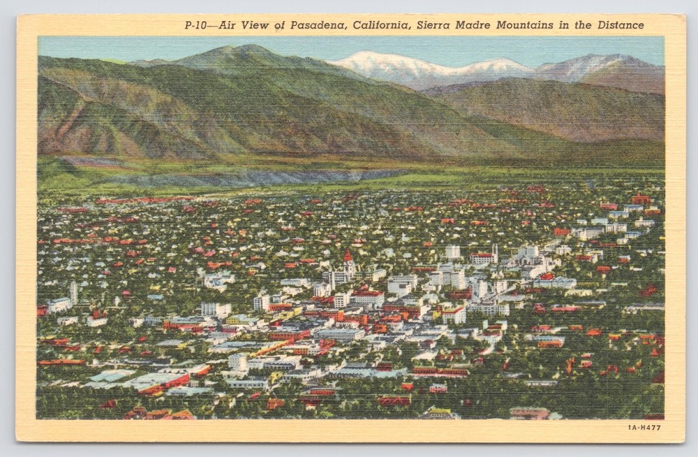 Linen~Air View Sierra Madre Mountains & Pasadena California~Vintage Postcard