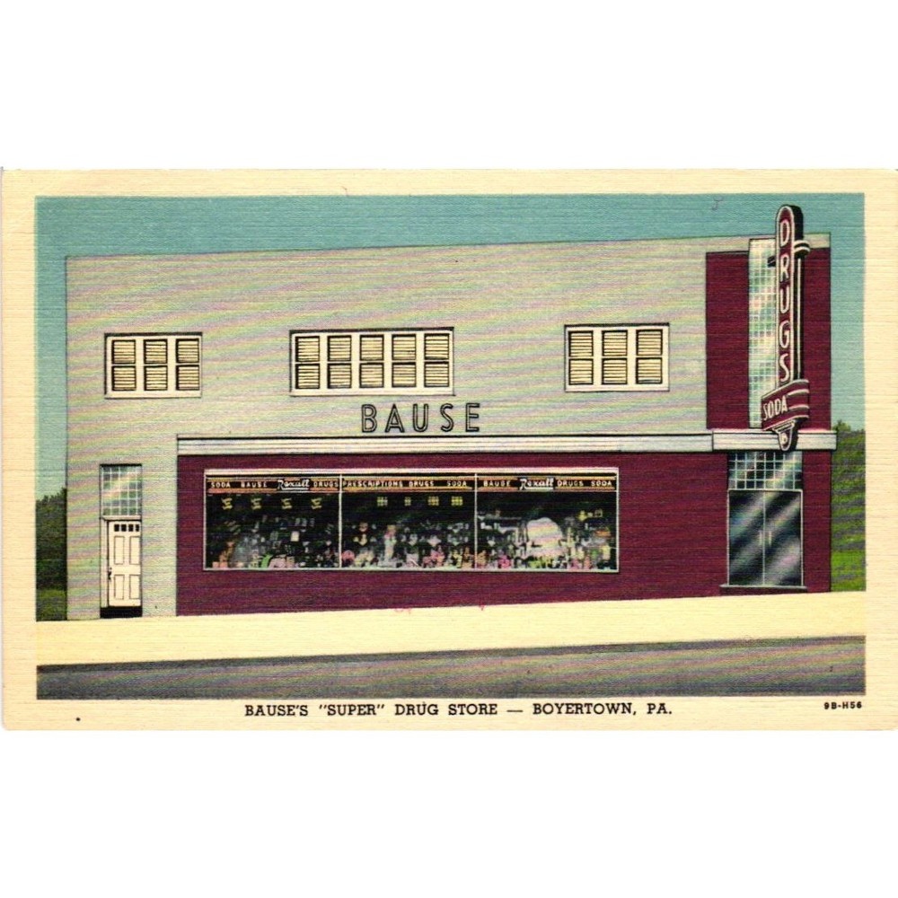 Vintage Bause's Super Drug Store Boyertown PA Linen Postcard Rexall Soda Sign