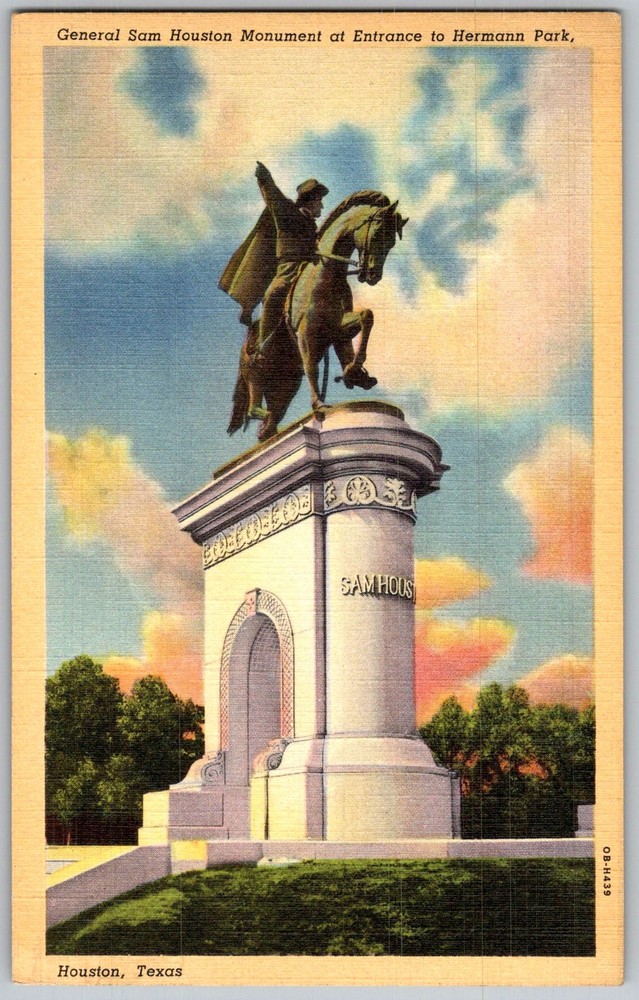 Vtg Linen Postcard Sam Equestrian Monument Houston, TX 1930s