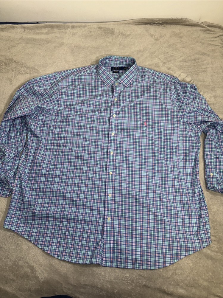 Ralph Lauren Shirt Mens 3XB Blue Plaid Dress Cotton Stretch