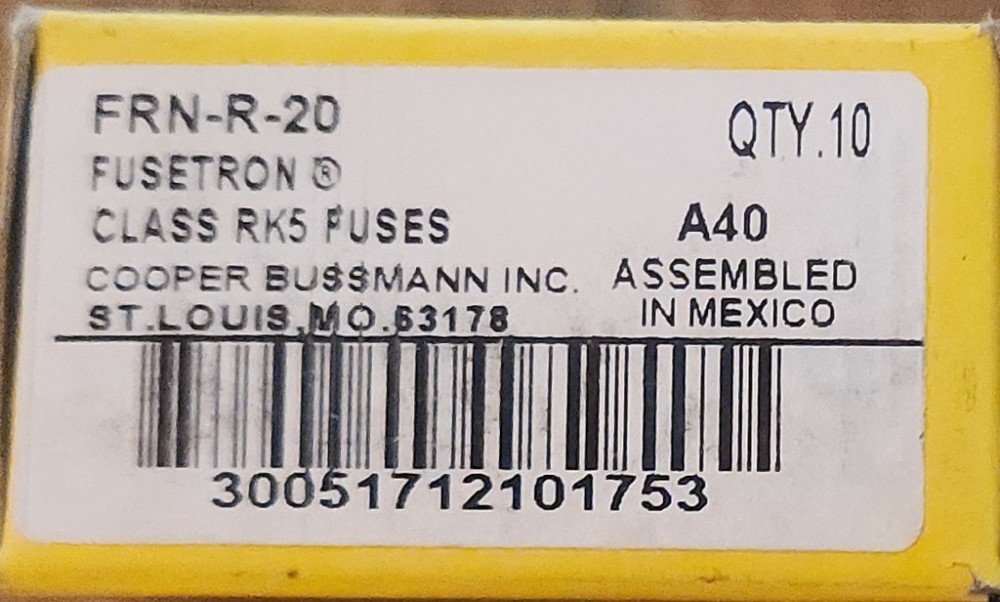 Lot of 10 Bussmann Fusetron FRN-R-20 20A 250V 125VDC Class RK5 Fuse