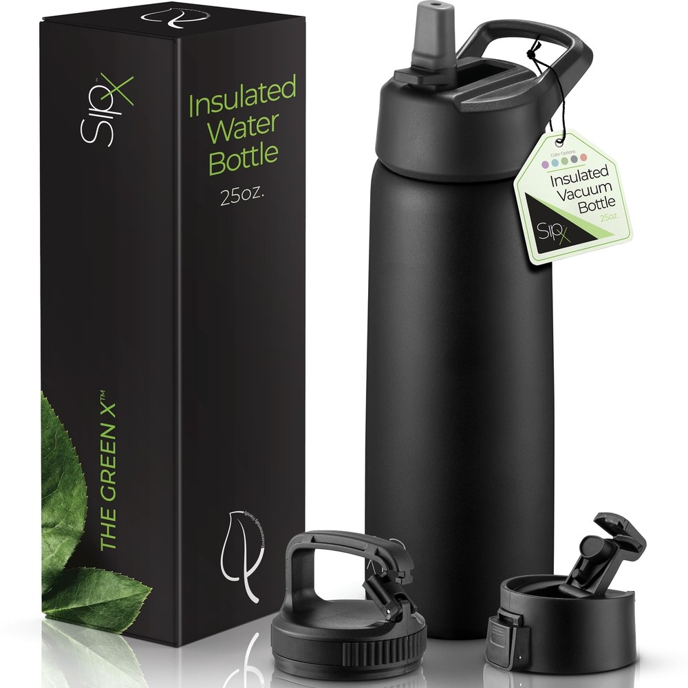 25oz Triple-Insulated Stainless Steel Water Bottle with 3 Lids BPA-Free Reusable